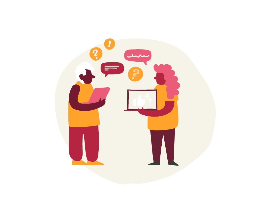 people discussing on tablet, animated conversation with questions and reactions