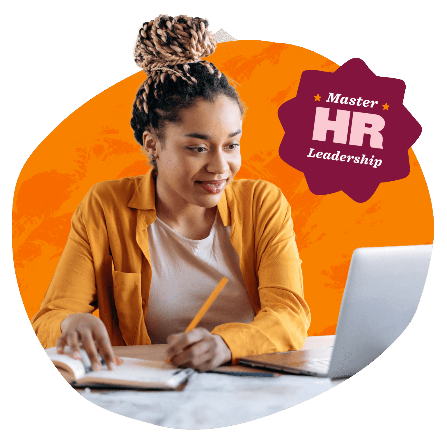 woman studying online, Master HR Leadership, orange background with laptop and notebook