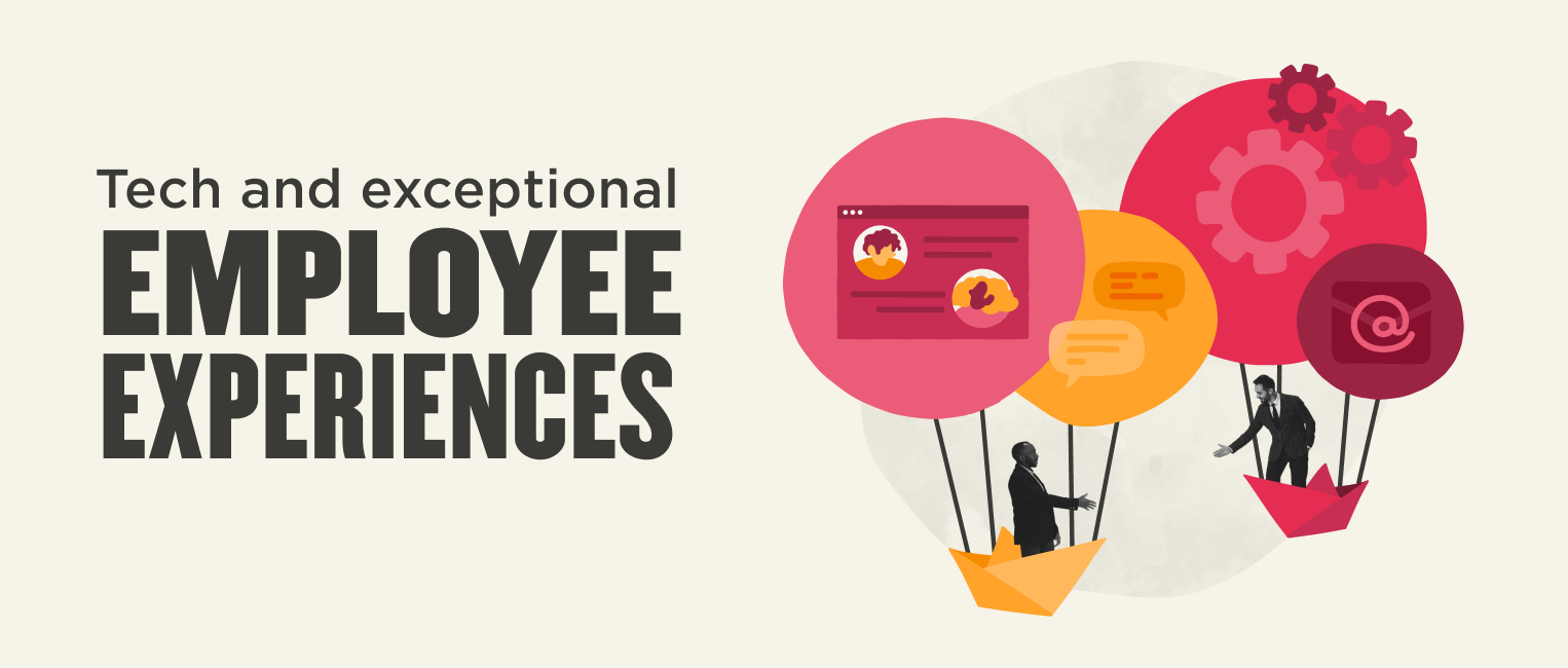 Tech-themed illustration highlighting "Employee Experiences" with colorful balloons, dialogue icons, and gears. , employee-experience, tech-illustration