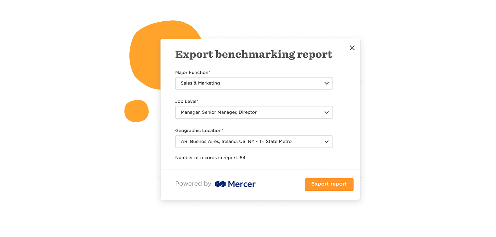 export benchmarking report interface, major function job level geographic location details