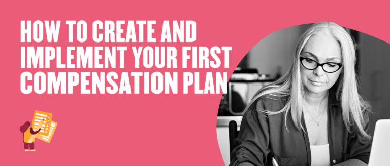 compensation plan guide, woman working on laptop with checklists in a colorful and engaging design