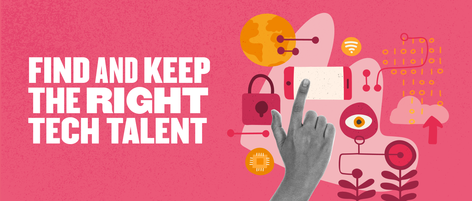 find-and-keep-tech-talent, hand-pointing-at-smartphone-with-tech-icons