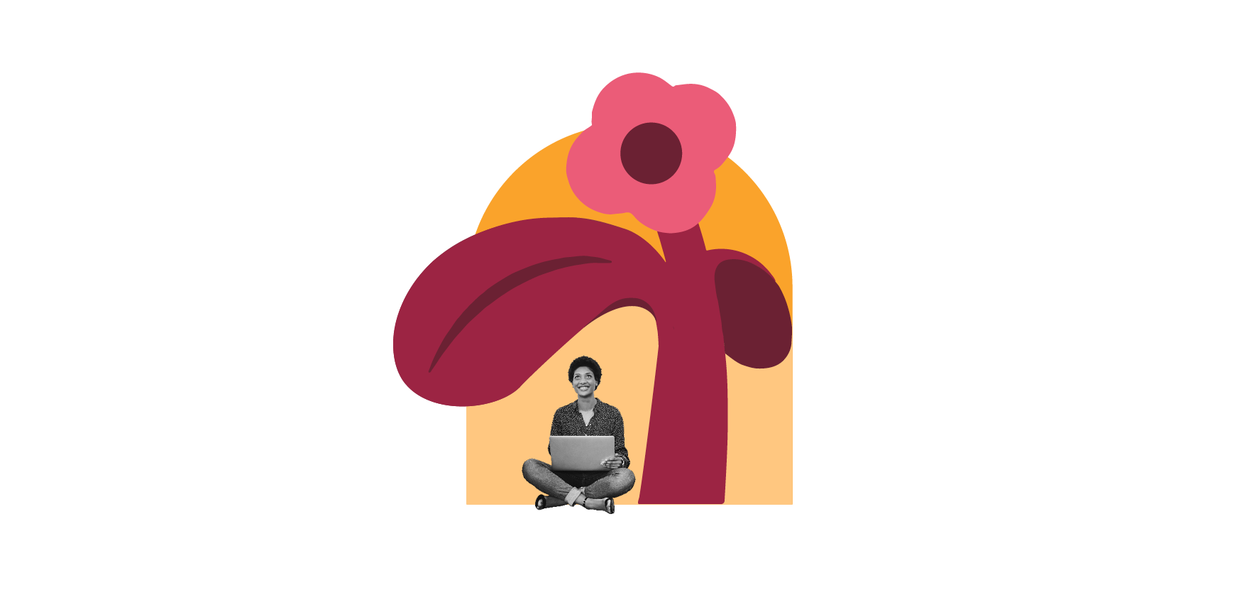 person with laptop, colorful flower and clouds background