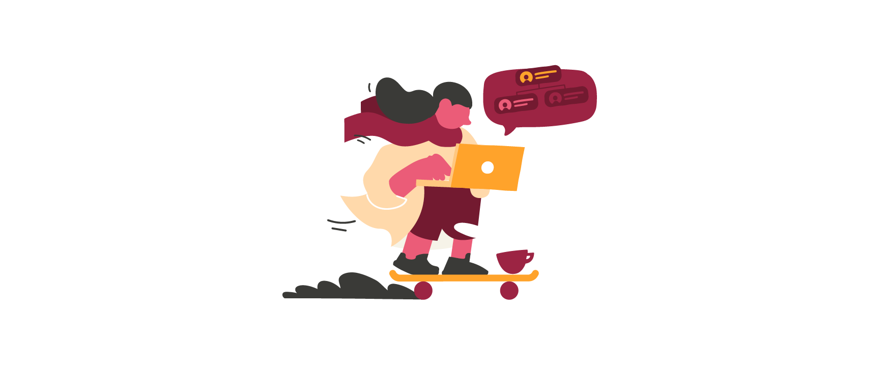 creative character on skateboard holding laptop and coffee, animated chat bubbles above, dynamic illustration of remote work lifestyle