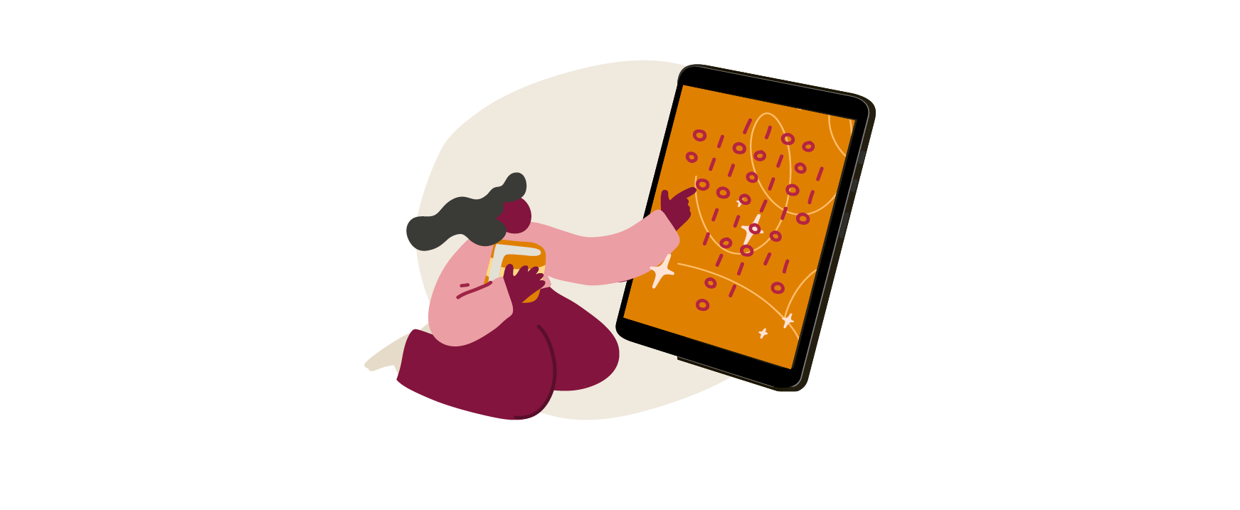 digital art, woman interacting with a tablet displaying an abstract design in vibrant colors