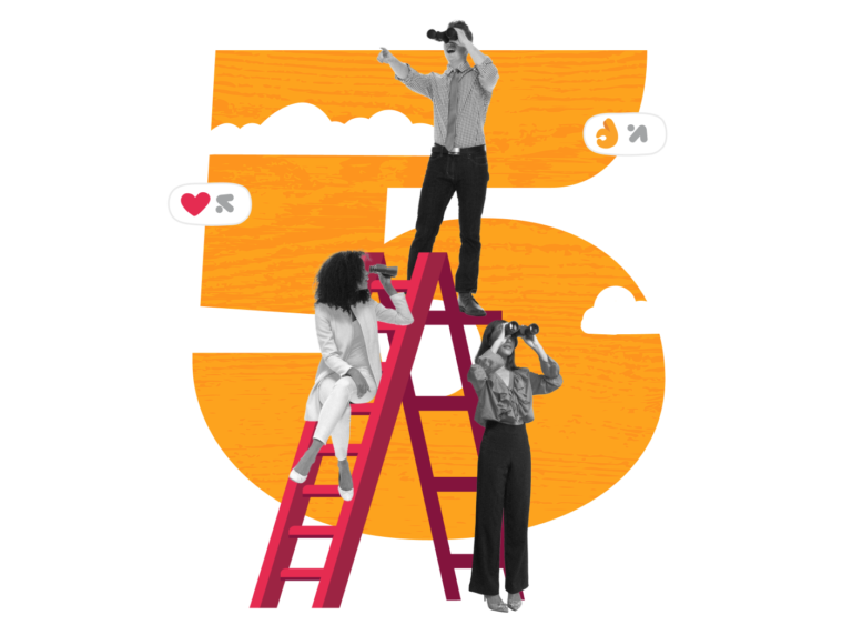 person using binoculars, ladder with three people in playful, colorful setting