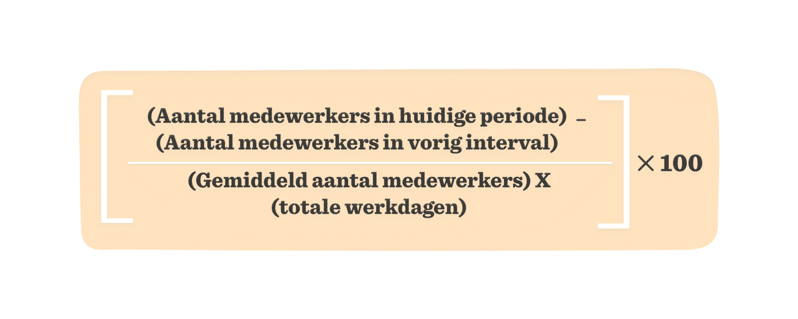 (Huidig aantal medewerkers - vorig aantal medewerkers) / gemiddeld aantal medewerkers x 100, Formule voor personeelsverandering