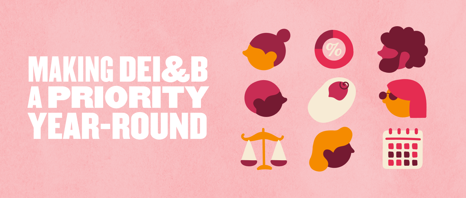 DEI&B priority visuals: diverse silhouettes, percentage symbol, scales, calendar on pink background. Inclusivity focus. , DEI, diversity