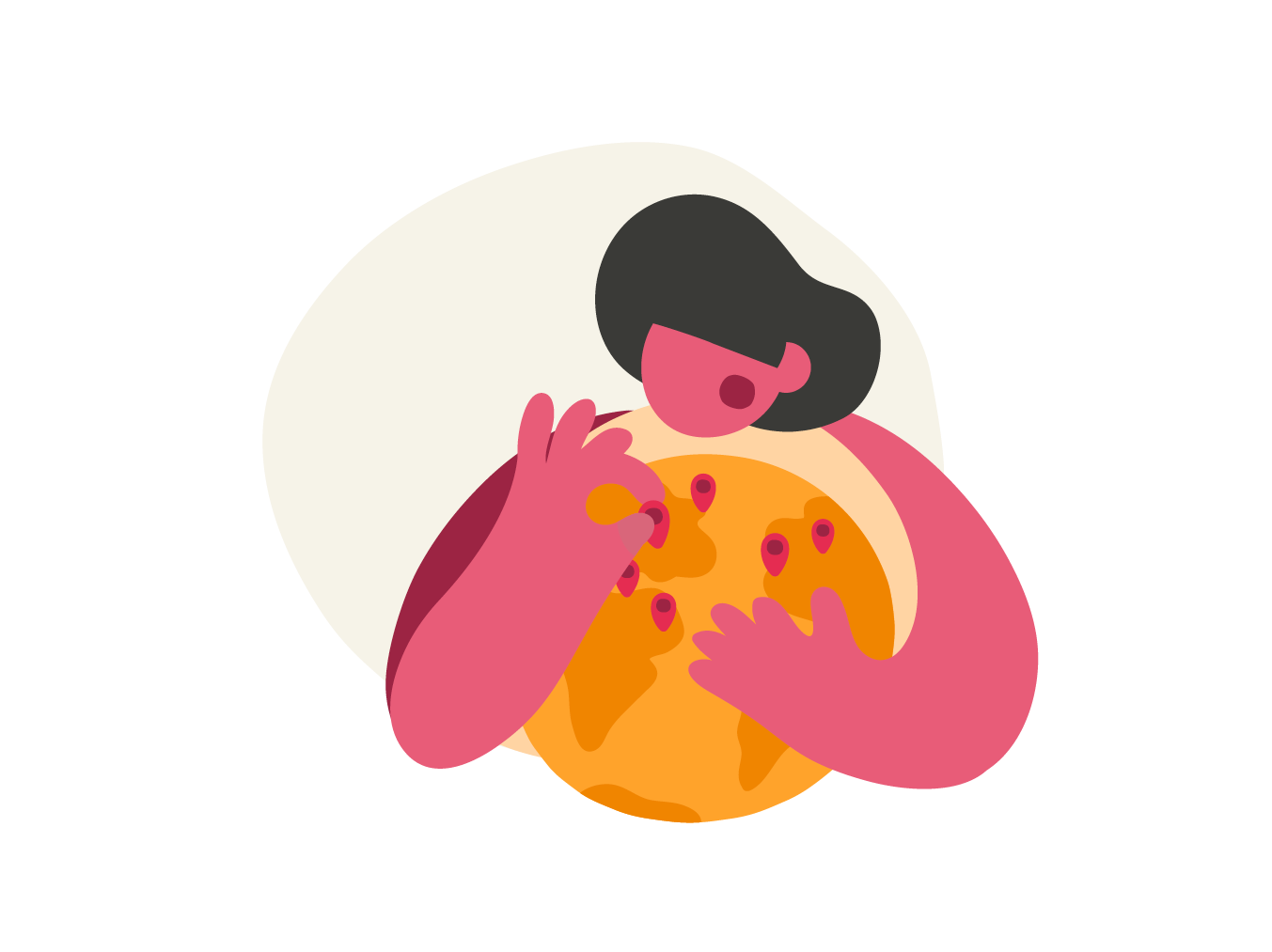 person hugging a colorful globe with pins, representing global connection and awareness, vibrant illustration of human and earth interaction