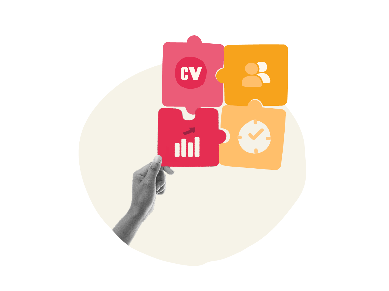 puzzle pieces, hand holding elements representing CV, growth, people, and time management