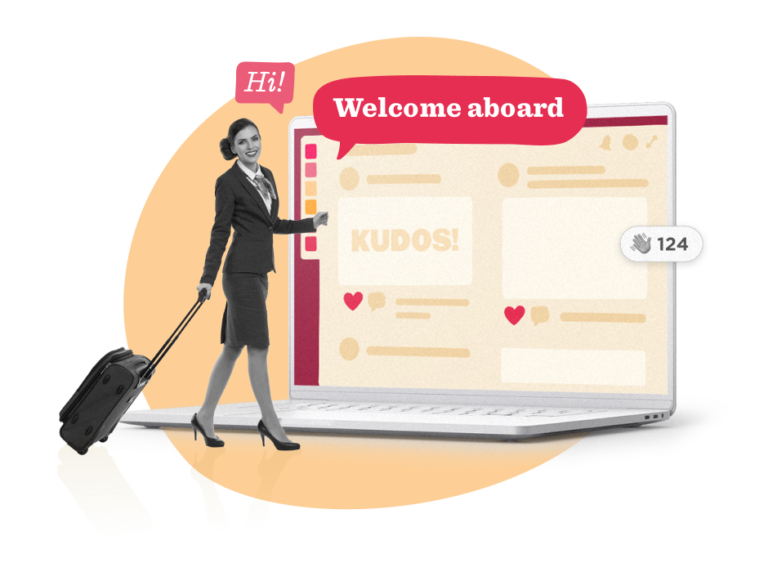 woman in suit with suitcase welcomes visitors on laptop screen with messages and engagement indicators, professional greeting on digital platform