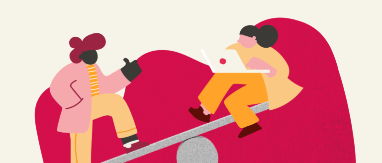 diverse characters, seesaw balance with laptop and phone