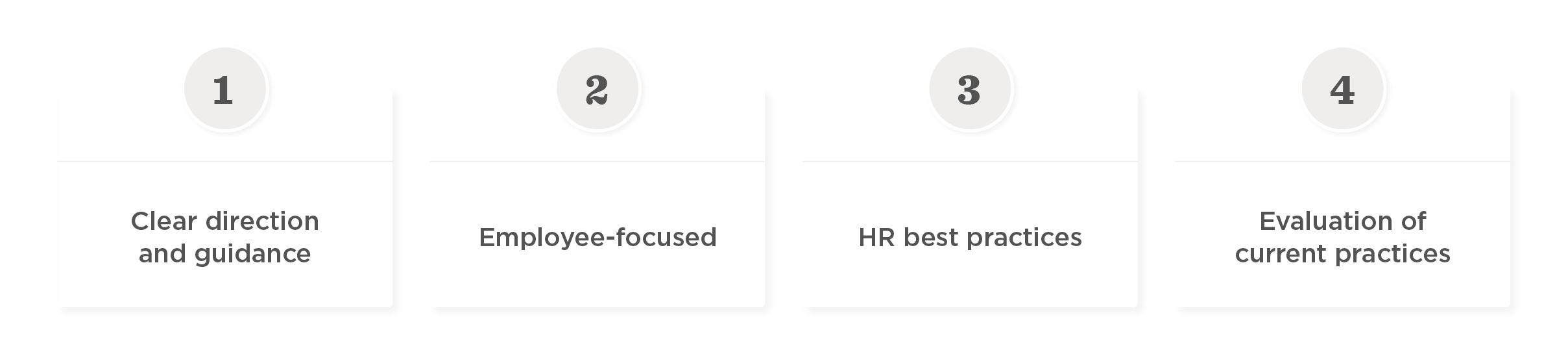 Clear direction and guidance, employee-focused, HR best practices, evaluation of current practices, HR strategy infographic with key points