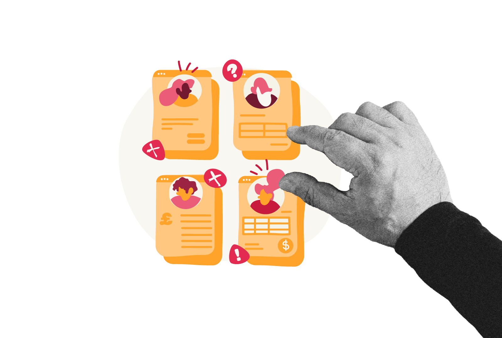 hand selecting user profiles with alerts and icons, depicting feedback and interaction in digital design, colorful digital interface elements with various icons representing user actions