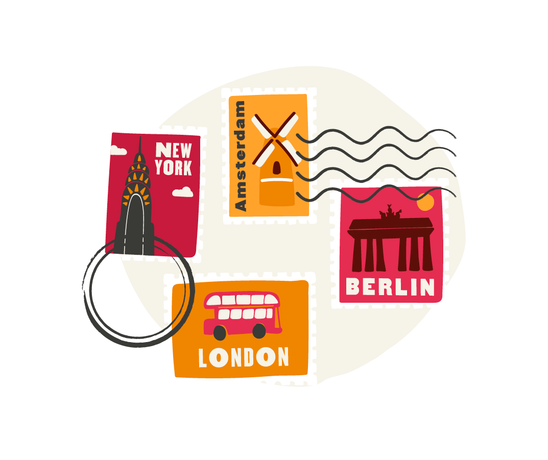 travel stamps, New York Amsterdam London Berlin illustrations