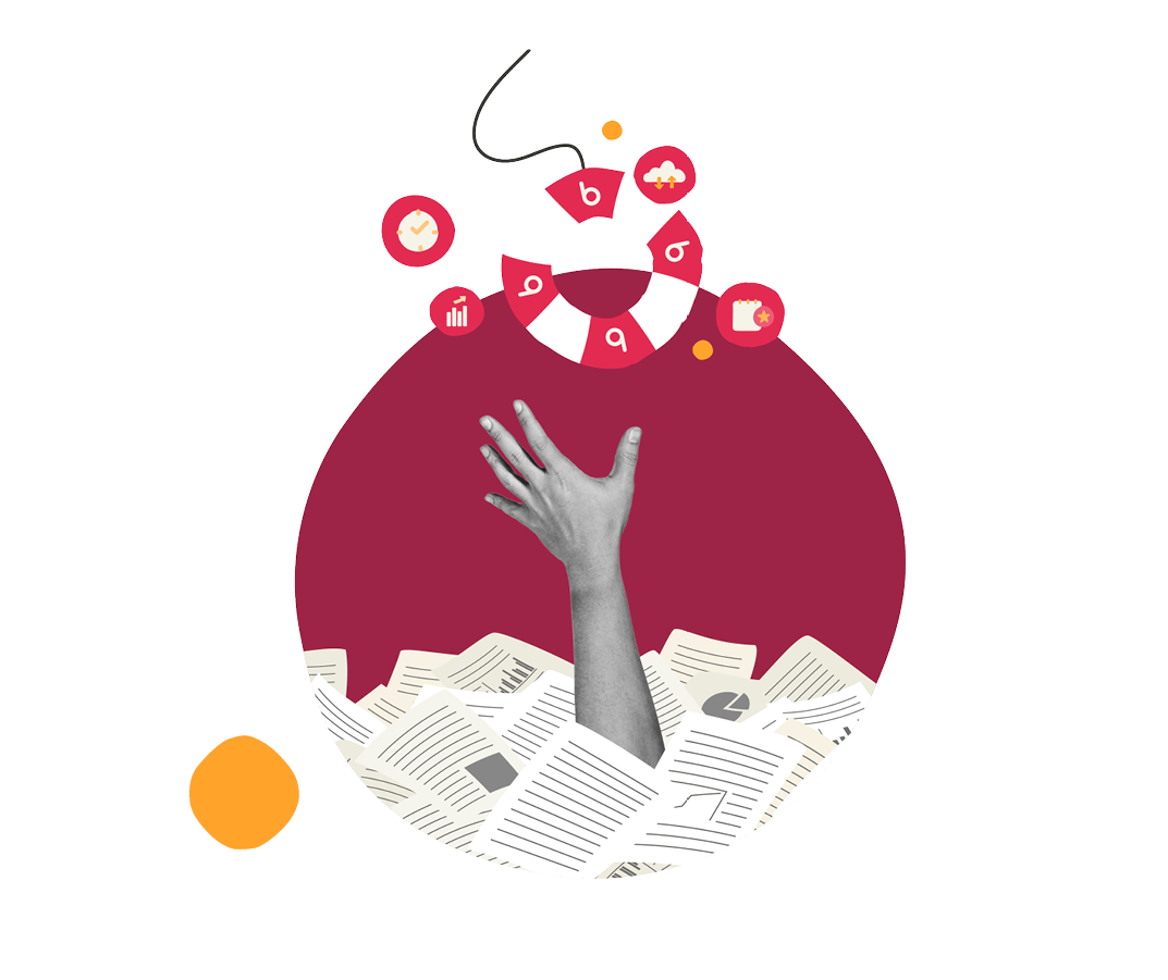 hand reaching out from a sea of paperwork, surrounded by icons symbolizing data and urgency, overwhelmed by documents with creative icons above