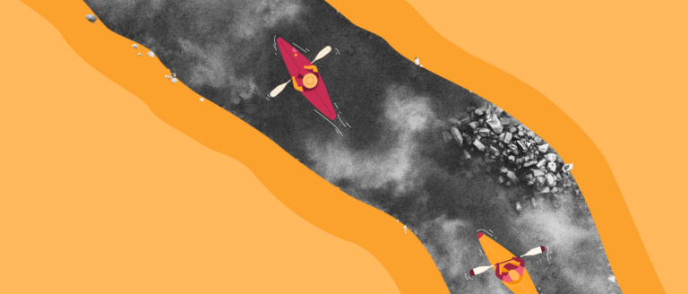 kayakers navigating a river against a vibrant orange backdrop, showcasing adventure and outdoor activity, river kayaking adventure illustration