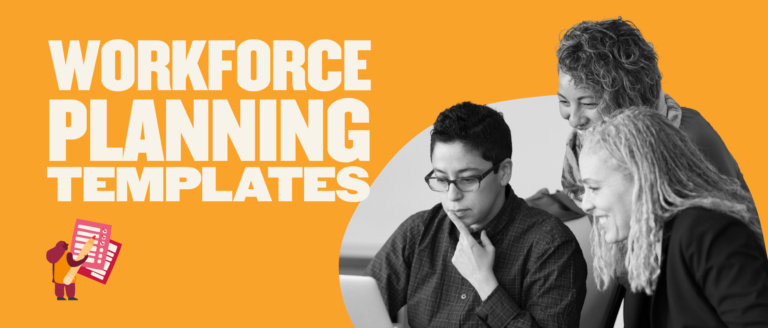 workforce planning templates with engaged team members analyzing data on a laptop against a vibrant orange background, collaborative workspace showcasing diverse professionals brainstorming solutions