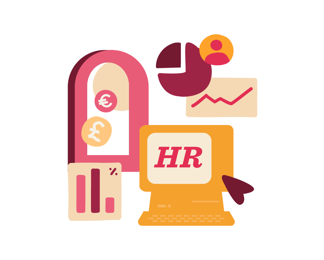 HR analytics concept with computer, graphs, currency symbols, and charts illustrating workforce data management., HR analytics, business analysis