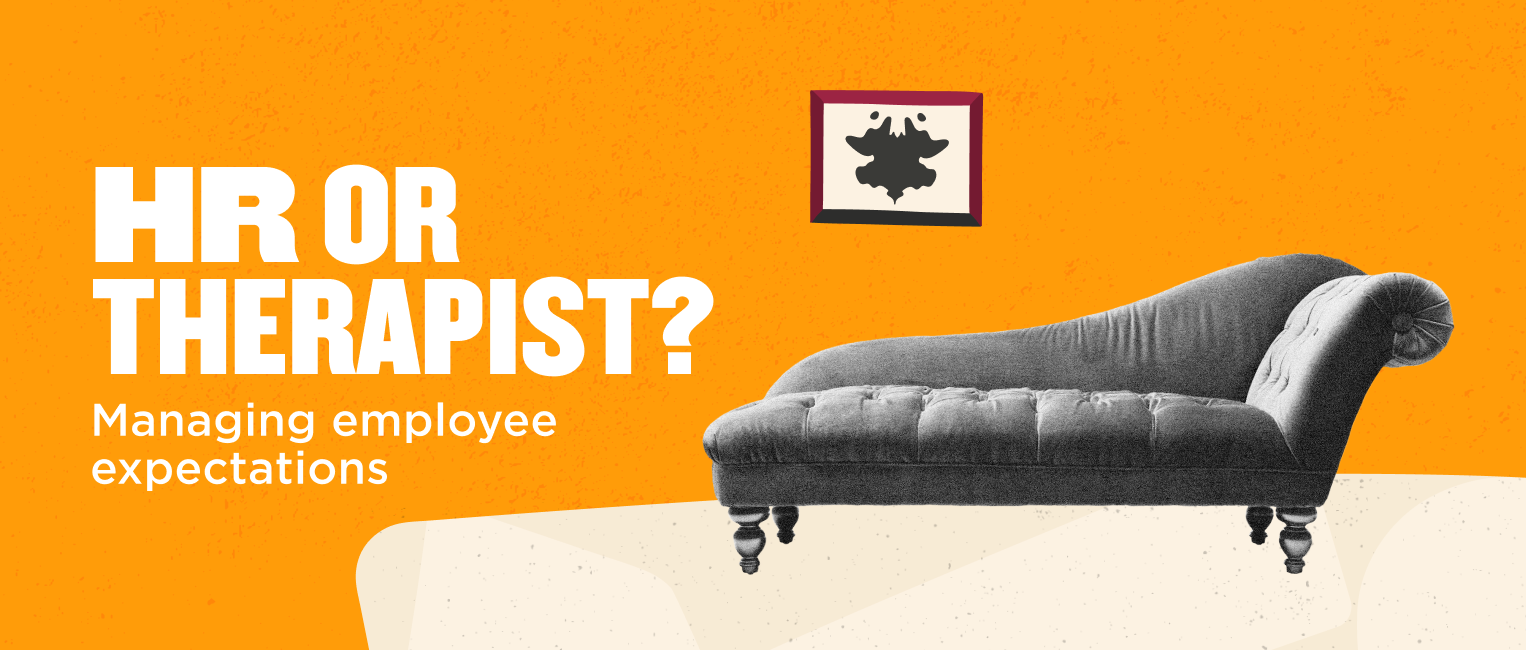 HR or Therapist? Conceptual couch image with orange background, highlighting employee expectations and workplace dynamics. HR, Therapist, Couch, EmployeeExpectations