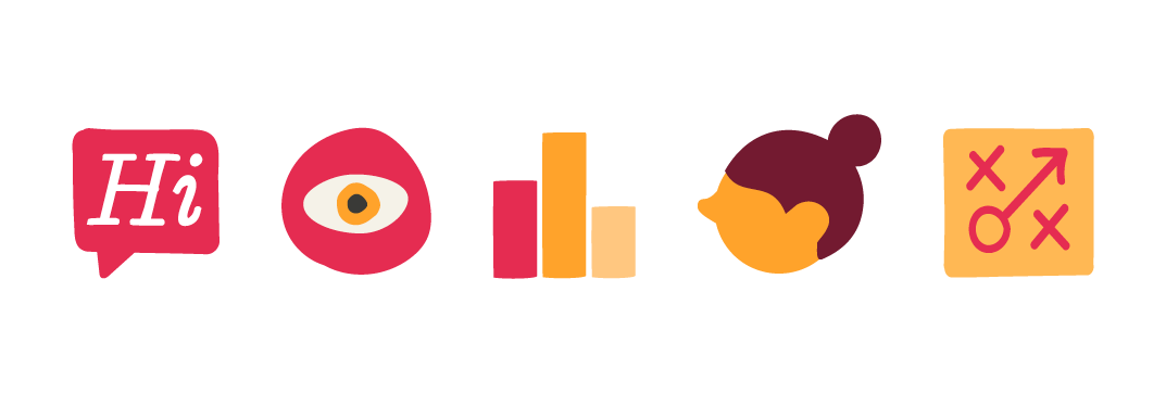 chat bubble, eye chart, bar graph, user icon, strategy symbol