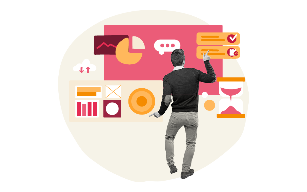 man interacting with data visuals, including charts, icons, and notifications in a modern workspace, data analysis and visualization tools