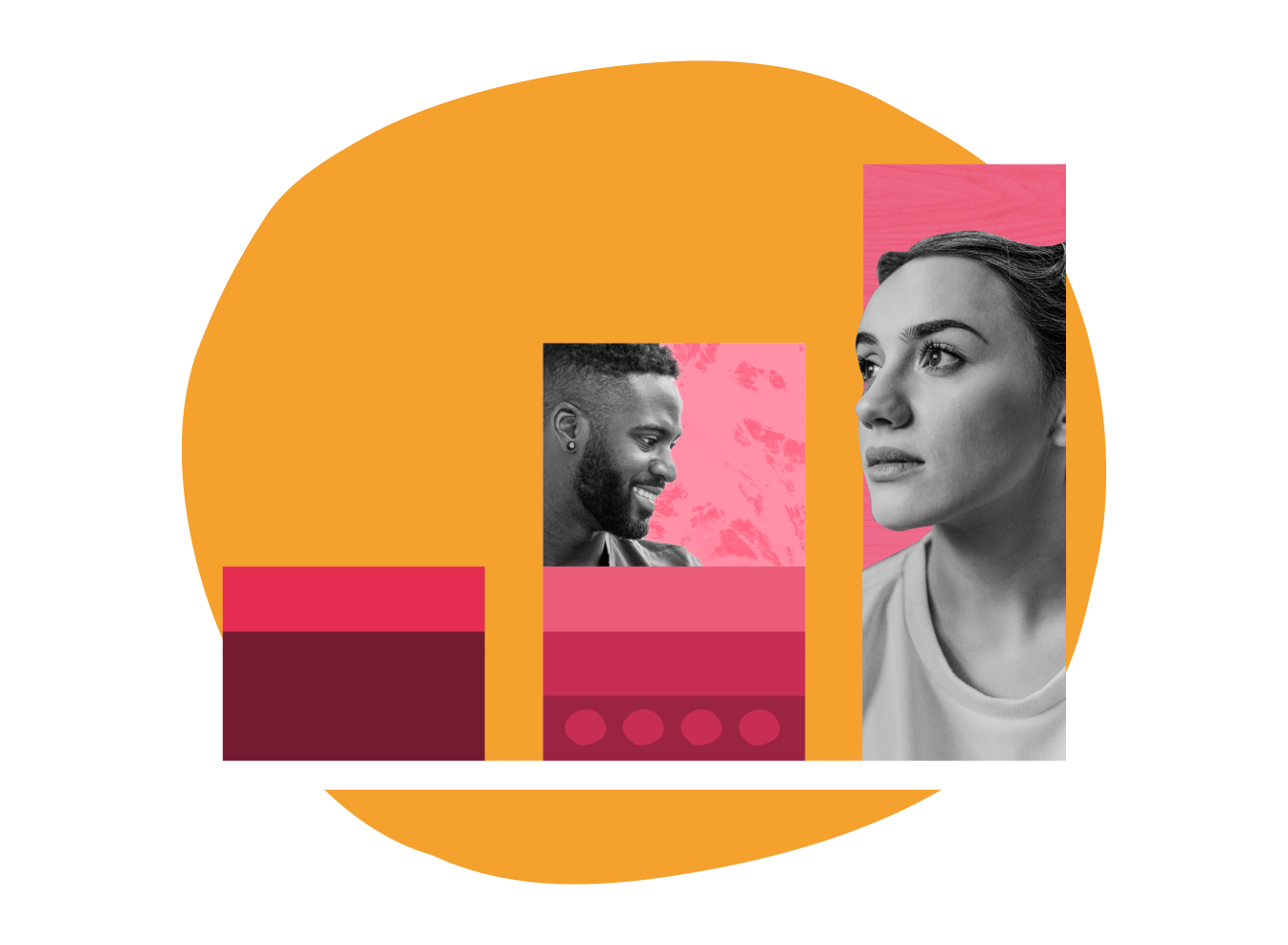 smiling man and thoughtful woman against colorful background, promoting diversity and engagement, colorful abstract shapes featuring individuals