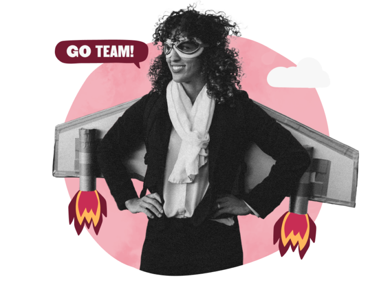 woman in business attire with rocket wings, encouraging teamwork with "GO TEAM!" speech bubble, creative business motivation illustration