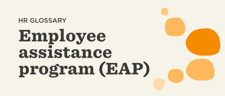 HR glossary: Employee Assistance Program (EAP) with decorative orange shapes on a light background. EAP, HR glossary