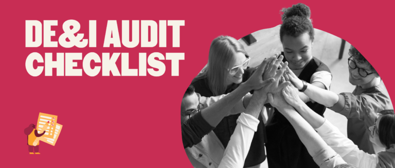 DEI audit checklist with diverse hands joining in collaboration on a pink background, teamwork for inclusivity and diversity audit
