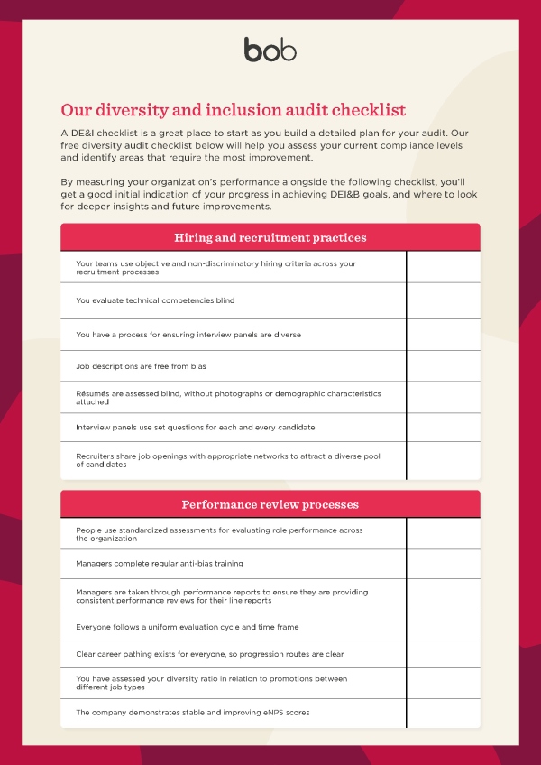 A screenshot of HiBob's diversity and inclusion (DEI) audit checklist