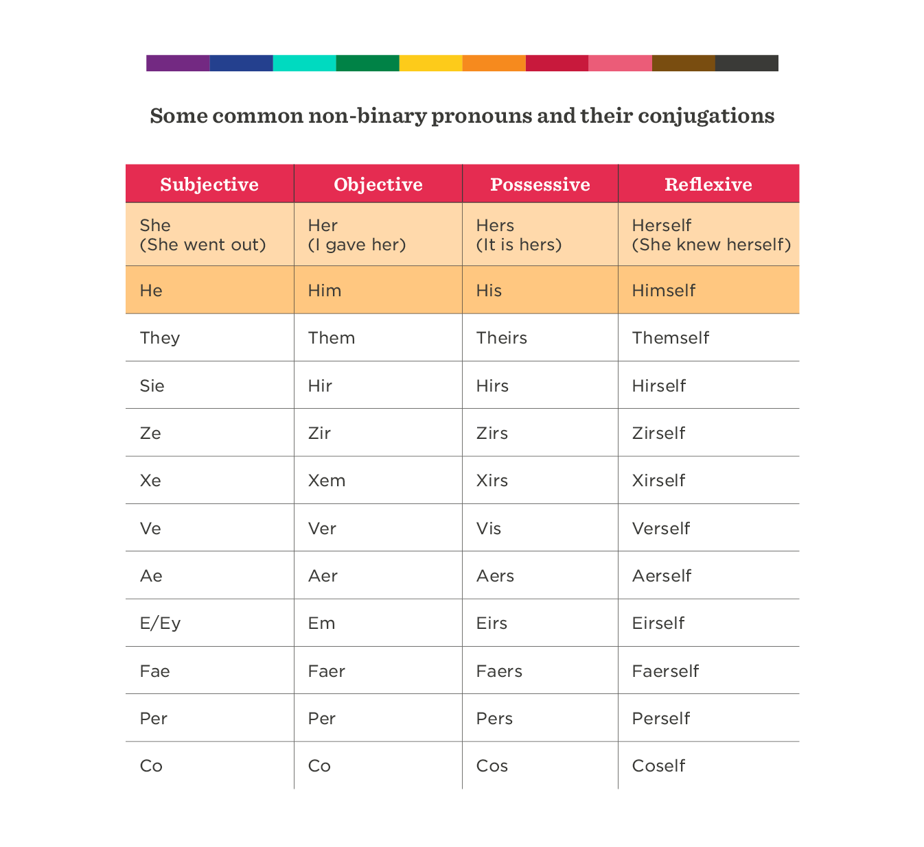 non-binary pronouns table with subjective, objective, possessive, and reflexive forms for inclusive language, accessible chart promoting understanding of pronoun usage