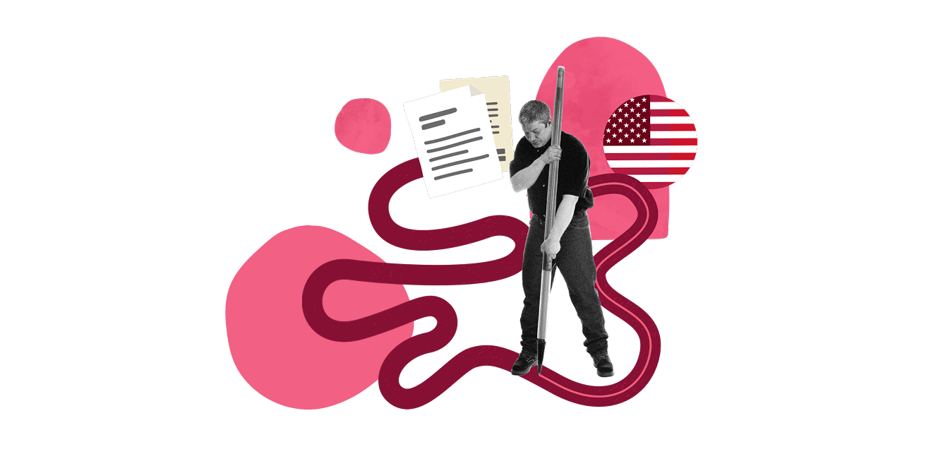 worker holding a pole navigating around papers and abstract shapes with American flag design, creative problem-solving visual concept