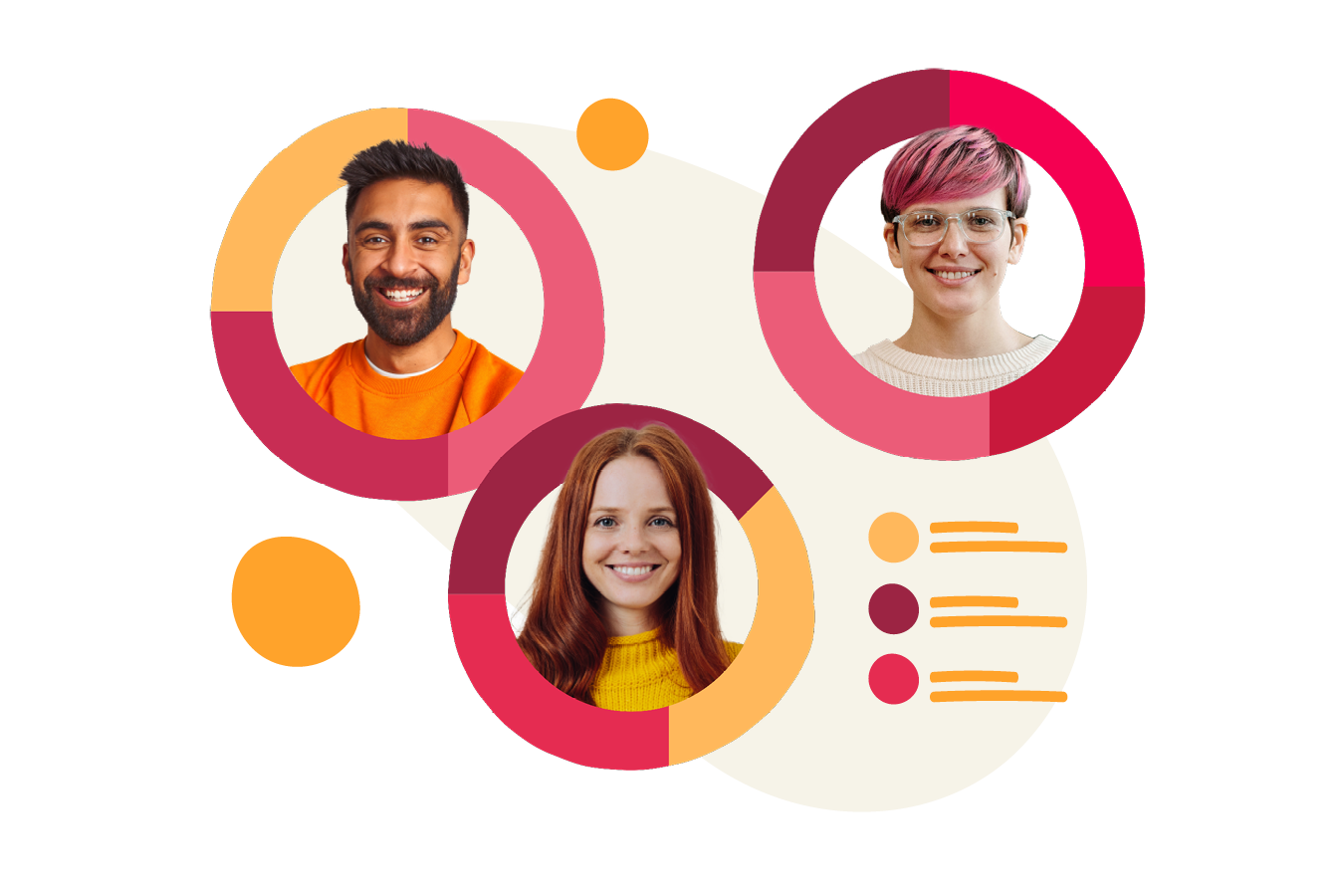 diverse group of people smiling in circular frames on a colorful background; includes icons and text elements, smiling faces in vibrant circles with graphics