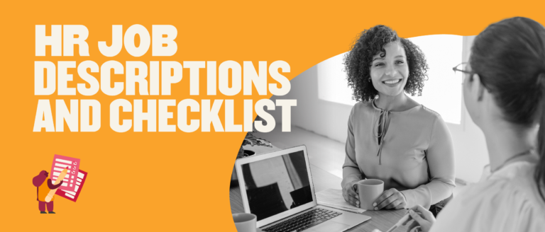 HR job descriptions and checklist with two professionals engaged in conversation over a laptop, set against an orange background. HR, job descriptions, checklist, professional conversation