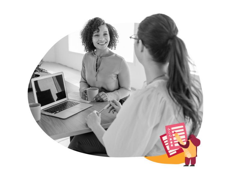 business meeting, women discussing ideas with laptop and coffee in modern workspace