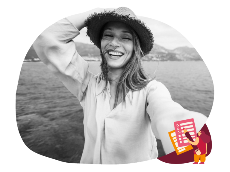 happy woman in a straw hat smiling by the water, capturing a selfie, sunny day, joyful expression, cheerful selfie by the lake in summer