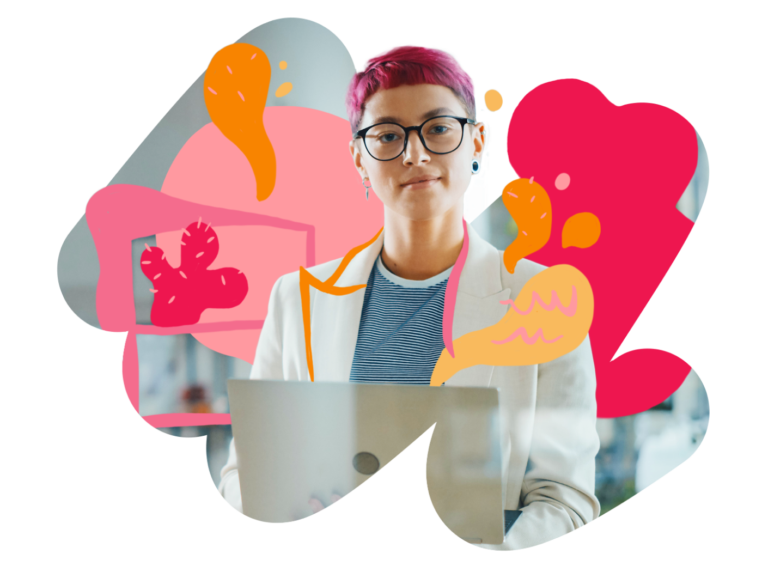 professional person with pink hair and glasses holding a laptop with colorful abstract designs surrounding them, creative workspace atmosphere