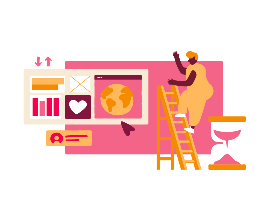 illustration of a person on a ladder near a computer screen with graphs and an earth icon, colorful design representing digital growth and time management