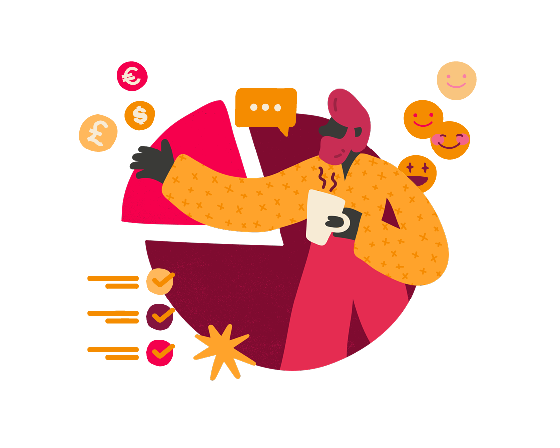 business analytics, person with coffee and charts, smiling emojis, representing data and communication concepts