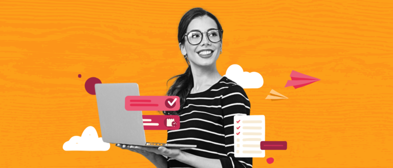 young woman with glasses holding a laptop, smiling, with colorful graphic elements like clouds and checklists, creative workspace graphic design