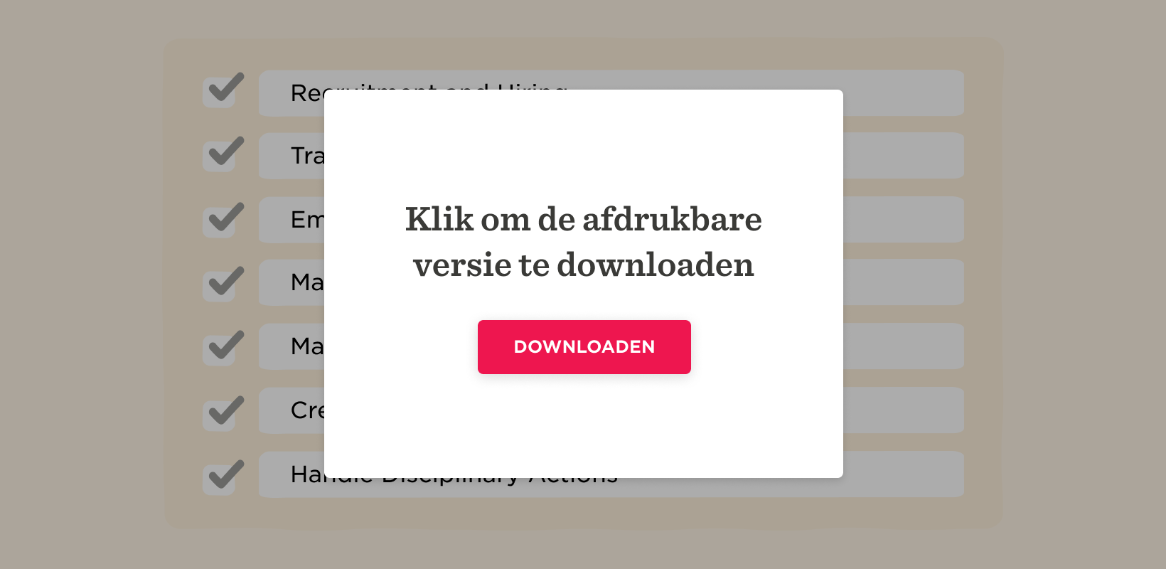 Klik om de afdrukbare versie te downloaden met relevante HR-taken afgebeeld in een overzicht. Downloadknop op een witte achtergrond., HR-taken, downloaden-knop