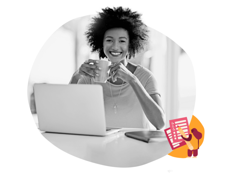woman smiling with a mug in front of a laptop, creating a cozy workspace atmosphere, cheerful woman enjoying coffee while working