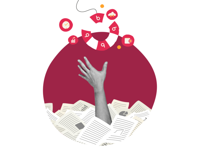 hand reaching for help above a sea of documents, surrounded by icons representing support and management, visual metaphor for overwhelmed work