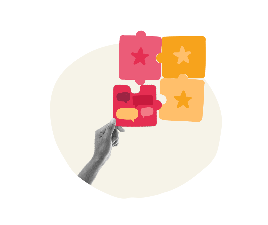 hand holding colorful puzzle pieces with speech bubbles and stars, vibrant puzzle pieces symbolizing communication and collaboration