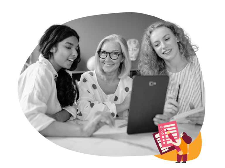 women, collaborating, tablet