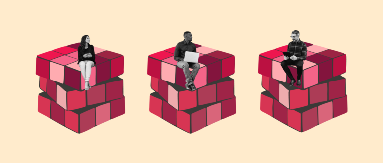 three individuals sitting on colorful stacked blocks, engaged in discussions with laptops and tablets, diverse group collaboration concept