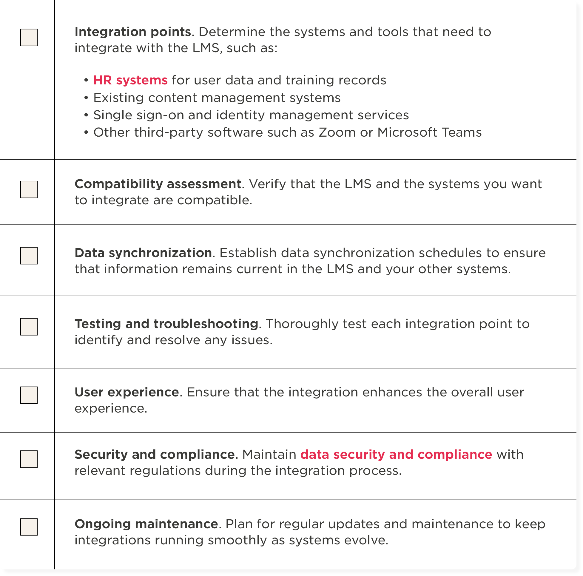integration points, data synchronization and user experience focus in LMS integration process.