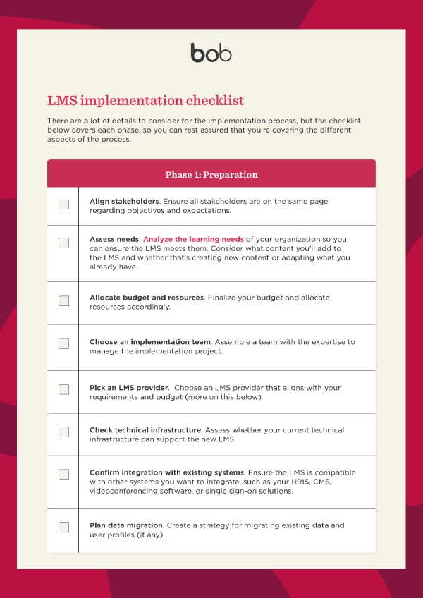 A screenshot of HiBob's LMS implementation checklist template
