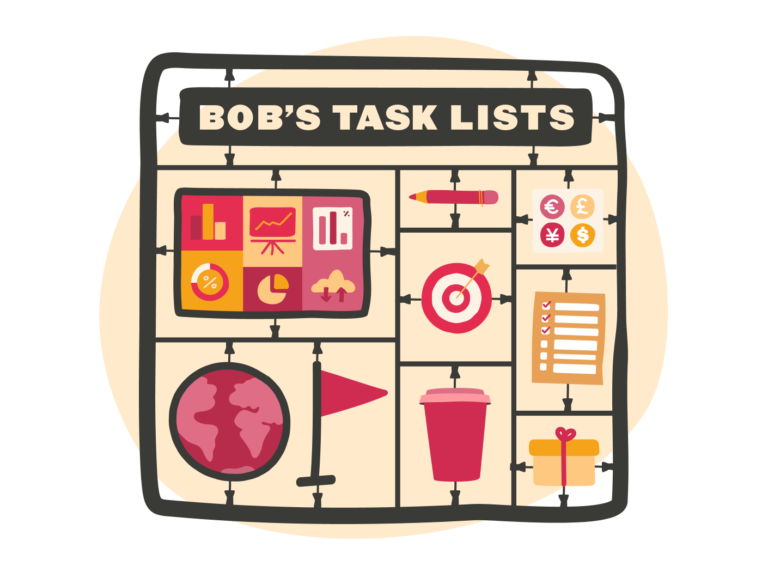 Bob's colorful task list features charts, goals, and icons for productivity, tasks, and global awareness., task management, productivity tools
